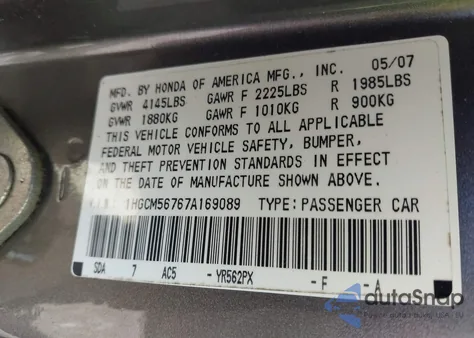 2007 Honda Accord 2.4 Ex from USA, damaged, VIN 1HGCM56767A169089